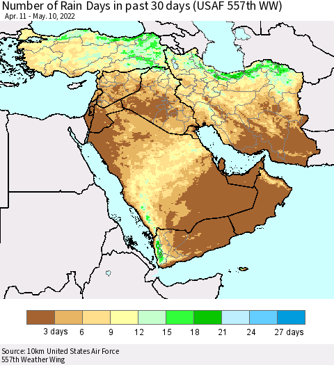 Middle East and Turkey Number of Rain Days in past 30 days (USAF 557th WW) 05/10/2022 Thematic Map For 5/6/2022 - 5/10/2022