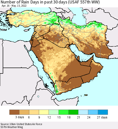 Middle East and Turkey Number of Rain Days in past 30 days (USAF 557th WW) 05/15/2022 Thematic Map For 5/11/2022 - 5/15/2022