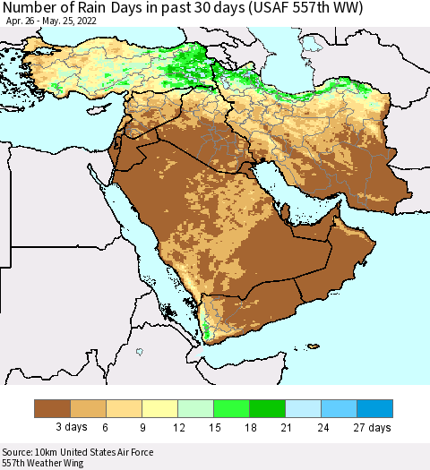 Middle East and Turkey Number of Rain Days in past 30 days (USAF 557th WW) 05/25/2022 Thematic Map For 5/21/2022 - 5/25/2022