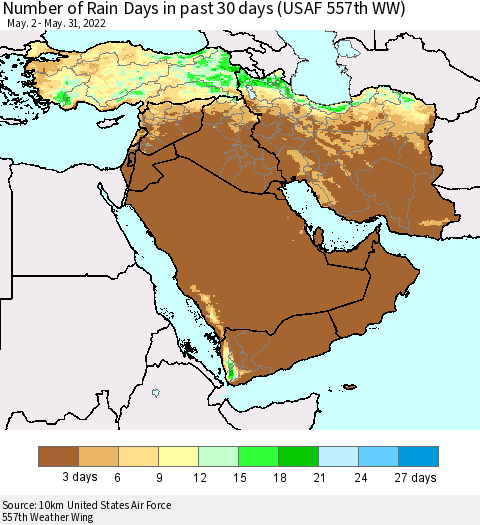 Middle East and Turkey Number of Rain Days in past 30 days (USAF 557th WW) 05/31/2022 Thematic Map For 5/26/2022 - 5/31/2022