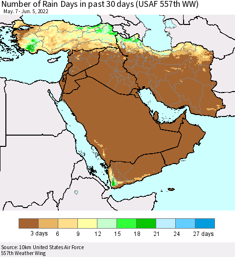 Middle East and Turkey Number of Rain Days in past 30 days (USAF 557th WW) 06/05/2022 Thematic Map For 6/1/2022 - 6/5/2022