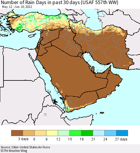 Middle East and Turkey Number of Rain Days in past 30 days (USAF 557th WW) 06/10/2022 Thematic Map For 6/6/2022 - 6/10/2022