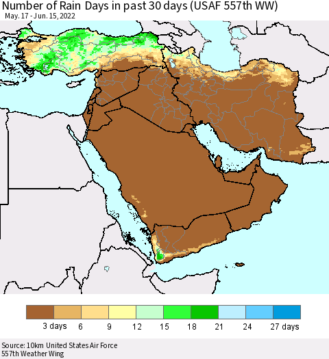 Middle East and Turkey Number of Rain Days in past 30 days (USAF 557th WW) 06/15/2022 Thematic Map For 6/11/2022 - 6/15/2022