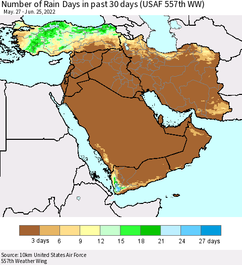 Middle East and Turkey Number of Rain Days in past 30 days (USAF 557th WW) 06/25/2022 Thematic Map For 6/21/2022 - 6/25/2022
