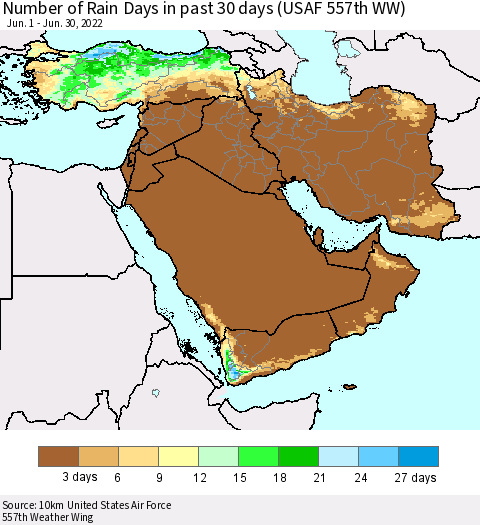 Middle East and Turkey Number of Rain Days in past 30 days (USAF 557th WW) 06/30/2022 Thematic Map For 6/26/2022 - 6/30/2022