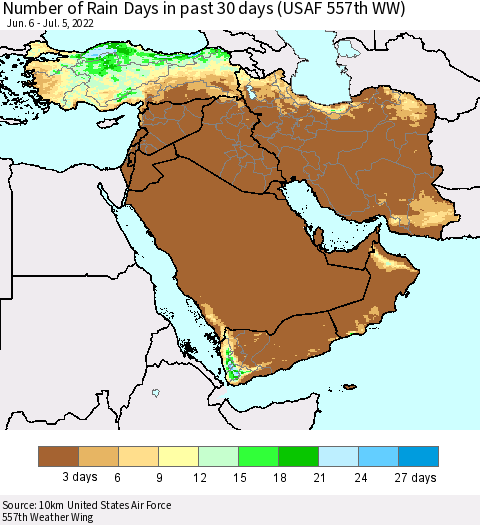 Middle East and Turkey Number of Rain Days in past 30 days (USAF 557th WW) 07/05/2022 Thematic Map For 7/1/2022 - 7/5/2022