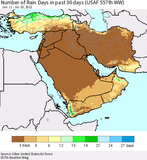 Middle East and Turkey Number of Rain Days in past 30 days (USAF 557th WW) 07/10/2022 Thematic Map For 7/6/2022 - 7/10/2022
