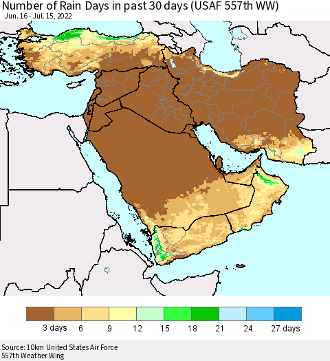 Middle East and Turkey Number of Rain Days in past 30 days (USAF 557th WW) 07/15/2022 Thematic Map For 7/11/2022 - 7/15/2022