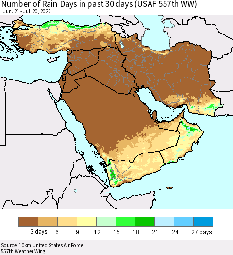 Middle East and Turkey Number of Rain Days in past 30 days (USAF 557th WW) 07/20/2022 Thematic Map For 7/16/2022 - 7/20/2022