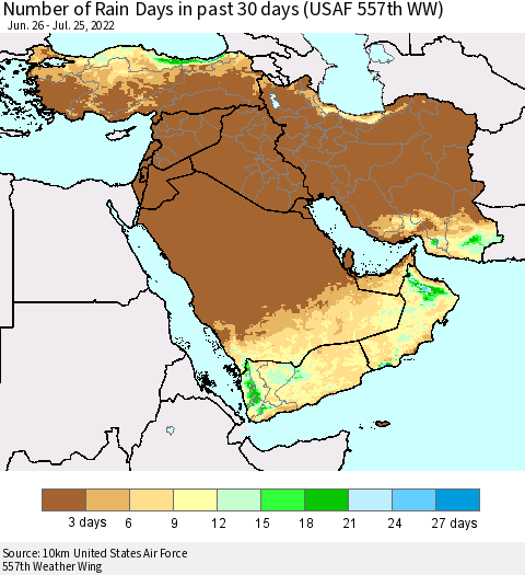 Middle East and Turkey Number of Rain Days in past 30 days (USAF 557th WW) 07/25/2022 Thematic Map For 7/21/2022 - 7/25/2022