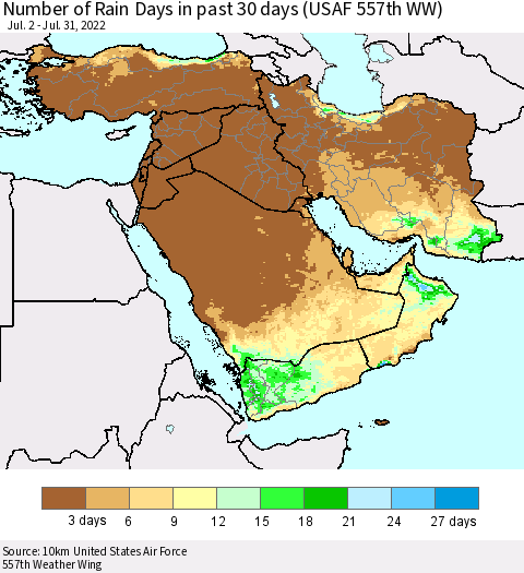 Middle East and Turkey Number of Rain Days in past 30 days (USAF 557th WW) 07/31/2022 Thematic Map For 7/26/2022 - 7/31/2022