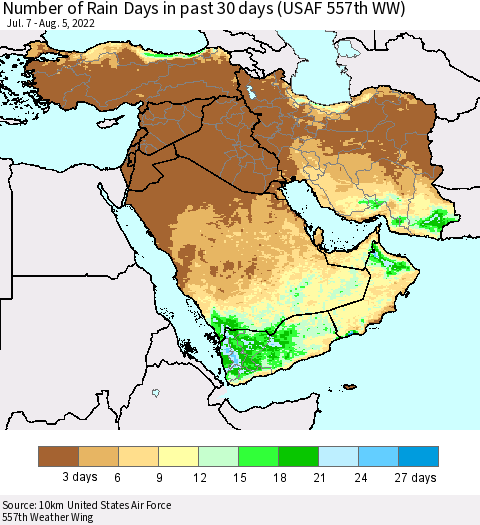 Middle East and Turkey Number of Rain Days in past 30 days (USAF 557th WW) 08/05/2022 Thematic Map For 8/1/2022 - 8/5/2022