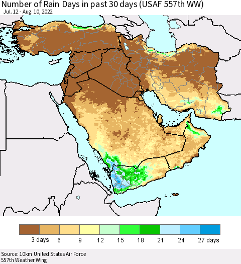 Middle East and Turkey Number of Rain Days in past 30 days (USAF 557th WW) 08/10/2022 Thematic Map For 8/6/2022 - 8/10/2022