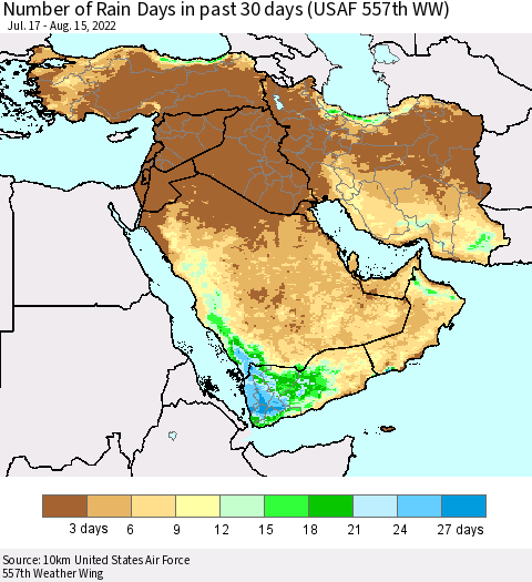 Middle East and Turkey Number of Rain Days in past 30 days (USAF 557th WW) 08/15/2022 Thematic Map For 8/11/2022 - 8/15/2022