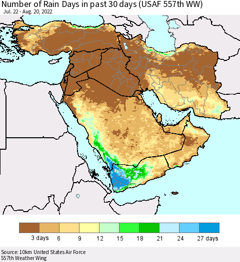 Middle East and Turkey Number of Rain Days in past 30 days (USAF 557th WW) 08/20/2022 Thematic Map For 8/16/2022 - 8/20/2022