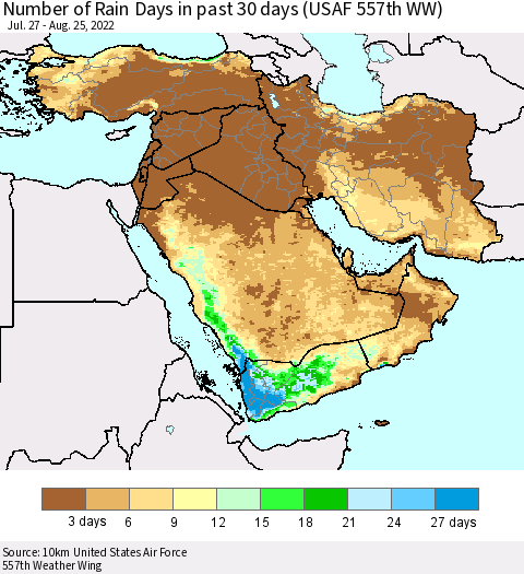 Middle East and Turkey Number of Rain Days in past 30 days (USAF 557th WW) 08/25/2022 Thematic Map For 8/21/2022 - 8/25/2022