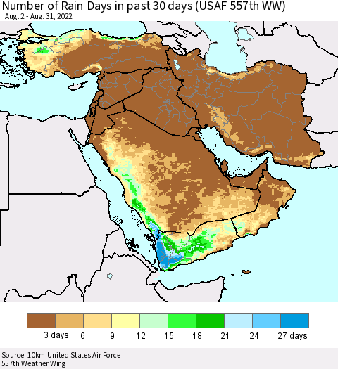 Middle East and Turkey Number of Rain Days in past 30 days (USAF 557th WW) 08/31/2022 Thematic Map For 8/26/2022 - 8/31/2022