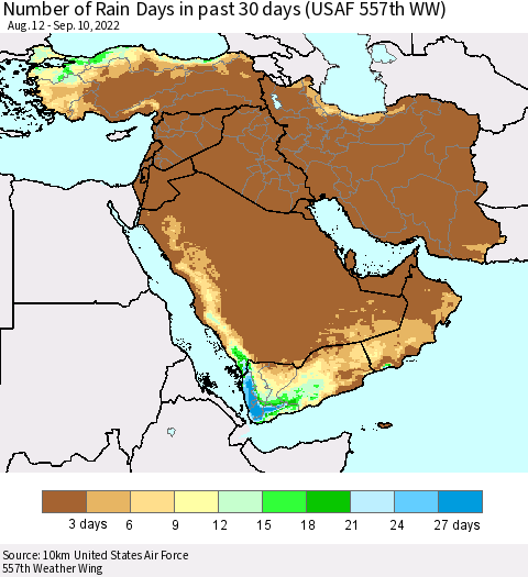 Middle East and Turkey Number of Rain Days in past 30 days (USAF 557th WW) 09/10/2022 Thematic Map For 9/6/2022 - 9/10/2022