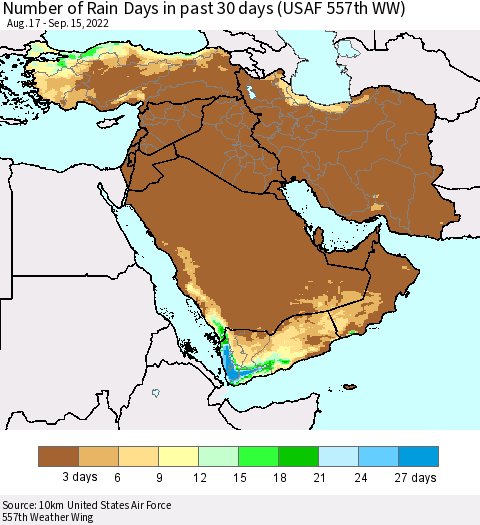 Middle East and Turkey Number of Rain Days in past 30 days (USAF 557th WW) 09/15/2022 Thematic Map For 9/11/2022 - 9/15/2022