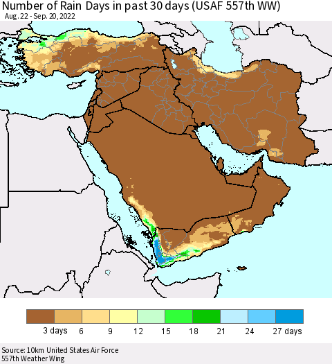 Middle East and Turkey Number of Rain Days in past 30 days (USAF 557th WW) 09/20/2022 Thematic Map For 9/16/2022 - 9/20/2022