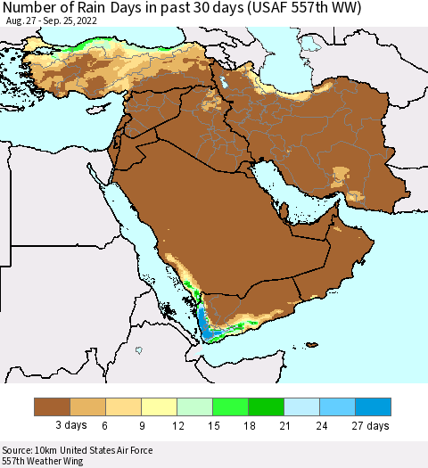 Middle East and Turkey Number of Rain Days in past 30 days (USAF 557th WW) 09/25/2022 Thematic Map For 9/21/2022 - 9/25/2022