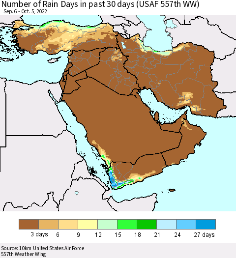 Middle East and Turkey Number of Rain Days in past 30 days (USAF 557th WW) 10/05/2022 Thematic Map For 10/1/2022 - 10/5/2022