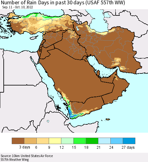 Middle East and Turkey Number of Rain Days in past 30 days (USAF 557th WW) 10/10/2022 Thematic Map For 10/6/2022 - 10/10/2022