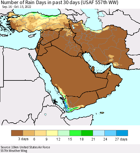 Middle East and Turkey Number of Rain Days in past 30 days (USAF 557th WW) 10/15/2022 Thematic Map For 10/11/2022 - 10/15/2022