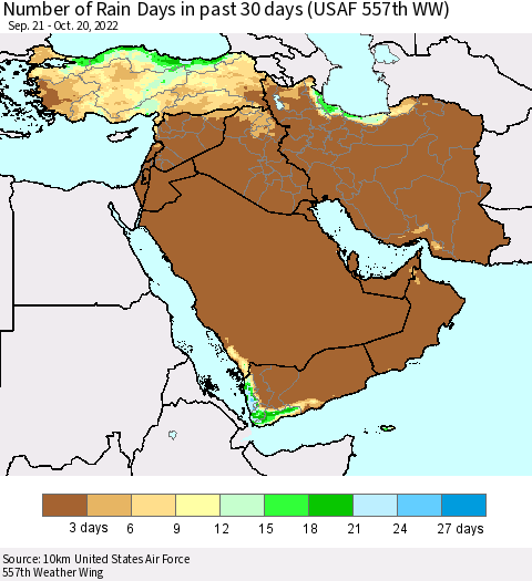 Middle East and Turkey Number of Rain Days in past 30 days (USAF 557th WW) 10/20/2022 Thematic Map For 10/16/2022 - 10/20/2022