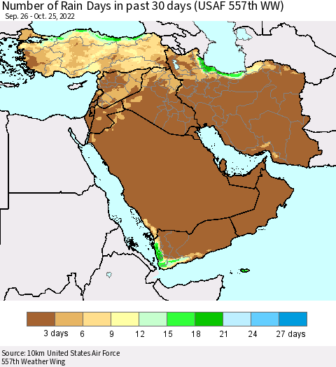 Middle East and Turkey Number of Rain Days in past 30 days (USAF 557th WW) 10/25/2022 Thematic Map For 10/21/2022 - 10/25/2022