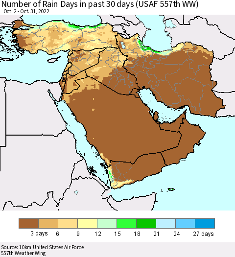 Middle East and Turkey Number of Rain Days in past 30 days (USAF 557th WW) 10/31/2022 Thematic Map For 10/26/2022 - 10/31/2022