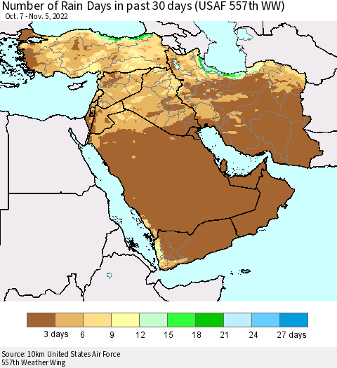 Middle East and Turkey Number of Rain Days in past 30 days (USAF 557th WW) 11/05/2022 Thematic Map For 11/1/2022 - 11/5/2022