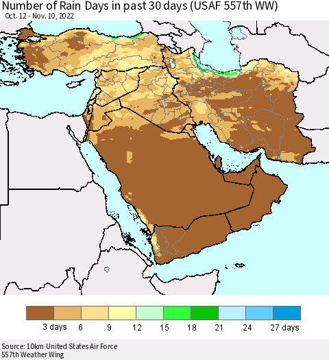 Middle East and Turkey Number of Rain Days in past 30 days (USAF 557th WW) 11/10/2022 Thematic Map For 11/6/2022 - 11/10/2022