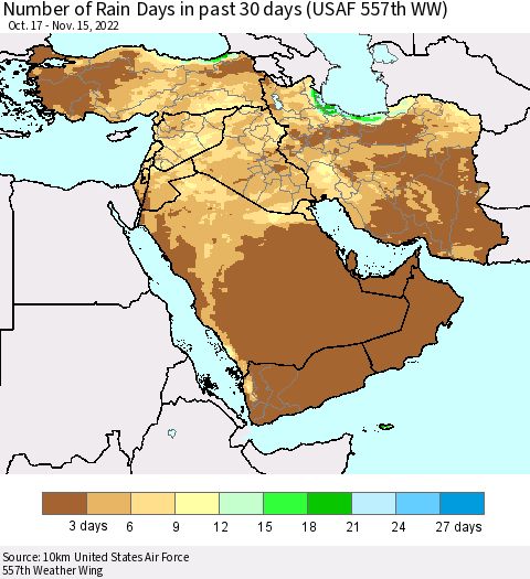 Middle East and Turkey Number of Rain Days in past 30 days (USAF 557th WW) 11/15/2022 Thematic Map For 11/11/2022 - 11/15/2022