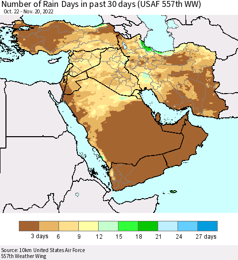 Middle East and Turkey Number of Rain Days in past 30 days (USAF 557th WW) 11/20/2022 Thematic Map For 11/16/2022 - 11/20/2022