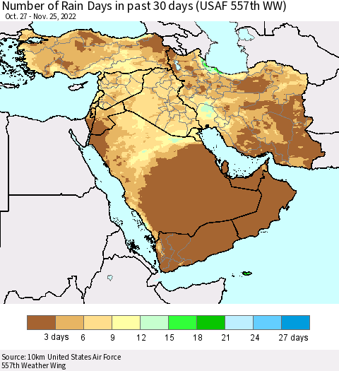 Middle East and Turkey Number of Rain Days in past 30 days (USAF 557th WW) 11/25/2022 Thematic Map For 11/21/2022 - 11/25/2022