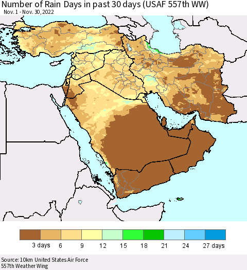 Middle East and Turkey Number of Rain Days in past 30 days (USAF 557th WW) 11/30/2022 Thematic Map For 11/26/2022 - 11/30/2022