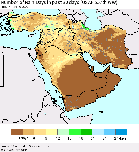 Middle East and Turkey Number of Rain Days in past 30 days (USAF 557th WW) 12/05/2022 Thematic Map For 12/1/2022 - 12/5/2022