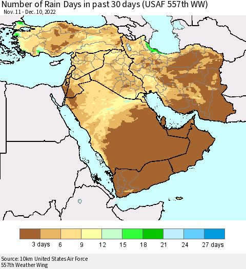 Middle East and Turkey Number of Rain Days in past 30 days (USAF 557th WW) 12/10/2022 Thematic Map For 12/6/2022 - 12/10/2022