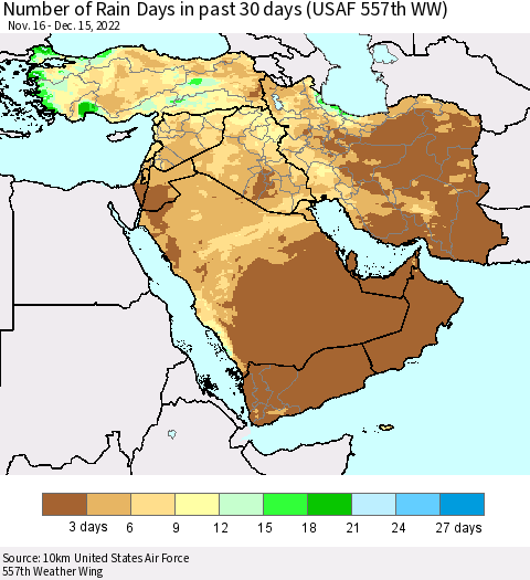 Middle East and Turkey Number of Rain Days in past 30 days (USAF 557th WW) 12/15/2022 Thematic Map For 12/11/2022 - 12/15/2022