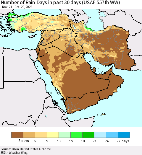 Middle East and Turkey Number of Rain Days in past 30 days (USAF 557th WW) 12/20/2022 Thematic Map For 12/16/2022 - 12/20/2022