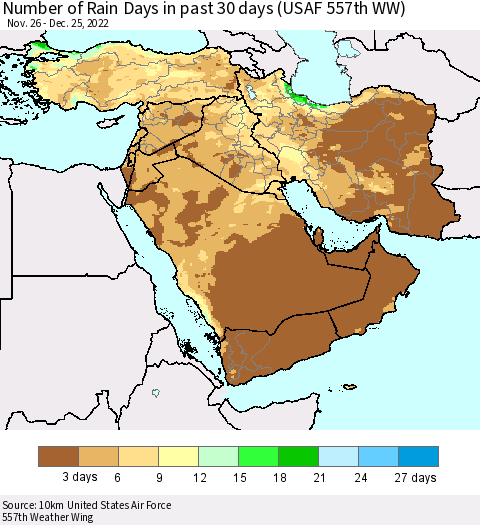 Middle East and Turkey Number of Rain Days in past 30 days (USAF 557th WW) 12/25/2022 Thematic Map For 12/21/2022 - 12/25/2022