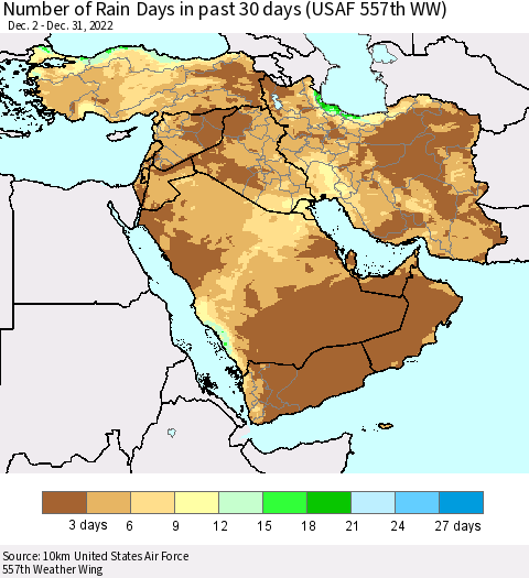 Middle East and Turkey Number of Rain Days in past 30 days (USAF 557th WW) 12/31/2022 Thematic Map For 12/26/2022 - 12/31/2022