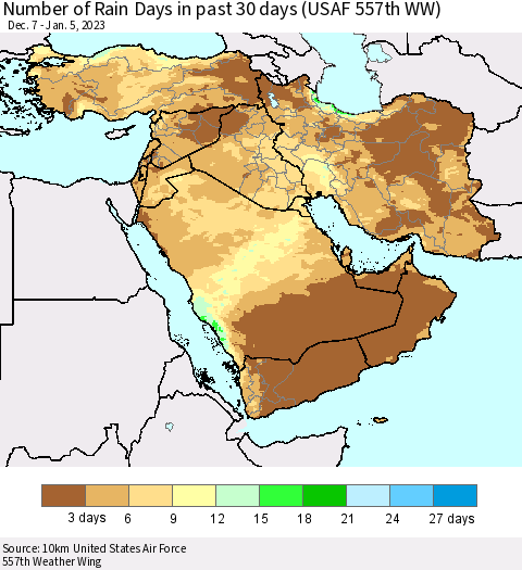 Middle East and Turkey Number of Rain Days in past 30 days (USAF 557th WW) 01/05/2023 Thematic Map For 1/1/2023 - 1/5/2023