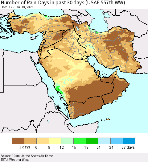Middle East and Turkey Number of Rain Days in past 30 days (USAF 557th WW) 01/10/2023 Thematic Map For 1/6/2023 - 1/10/2023