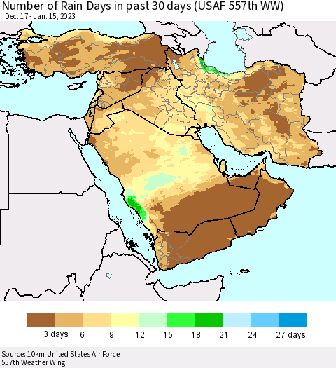Middle East and Turkey Number of Rain Days in past 30 days (USAF 557th WW) 01/15/2023 Thematic Map For 1/11/2023 - 1/15/2023
