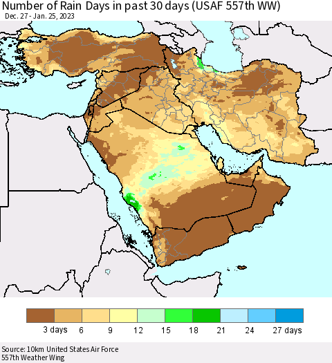 Middle East and Turkey Number of Rain Days in past 30 days (USAF 557th WW) 01/25/2023 Thematic Map For 1/21/2023 - 1/25/2023