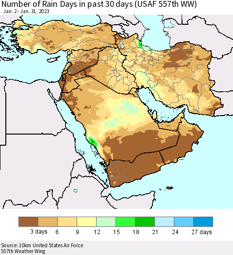 Middle East and Turkey Number of Rain Days in past 30 days (USAF 557th WW) 01/31/2023 Thematic Map For 1/26/2023 - 1/31/2023