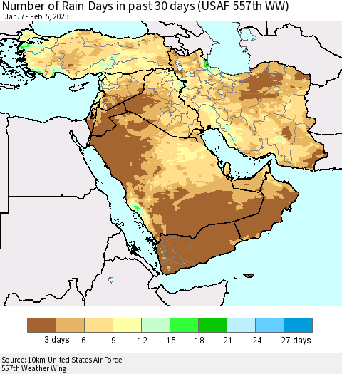 Middle East and Turkey Number of Rain Days in past 30 days (USAF 557th WW) 02/05/2023 Thematic Map For 2/1/2023 - 2/5/2023