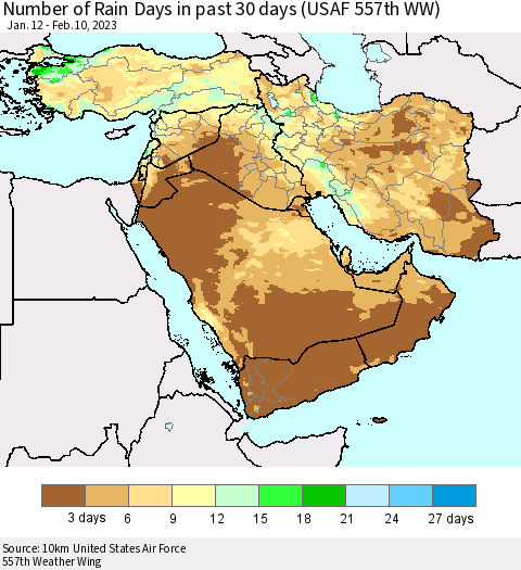 Middle East and Turkey Number of Rain Days in past 30 days (USAF 557th WW) 02/10/2023 Thematic Map For 2/6/2023 - 2/10/2023